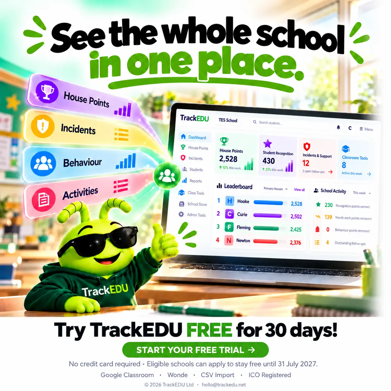See the whole school in one place. House Points, incidents, behaviour and classroom tools.